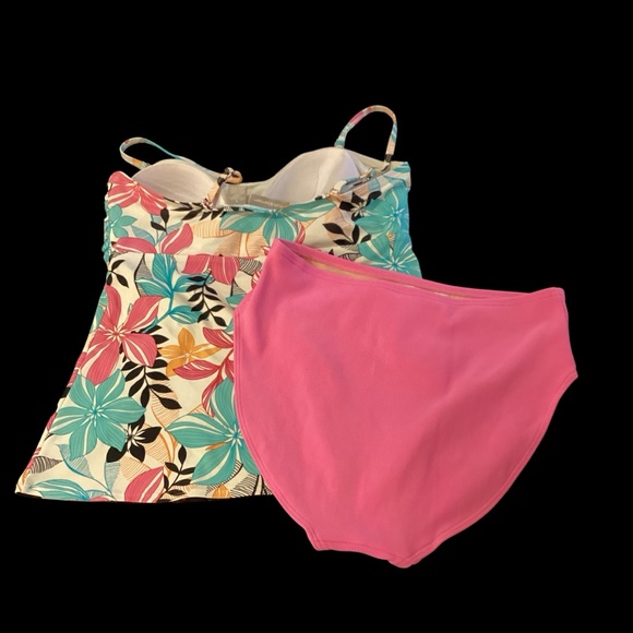 Croft & Barrow 2 Piece Tankini Swimsuit, Pink and Turquoise Multi Floral, 14/16 - Picture 2 of 7